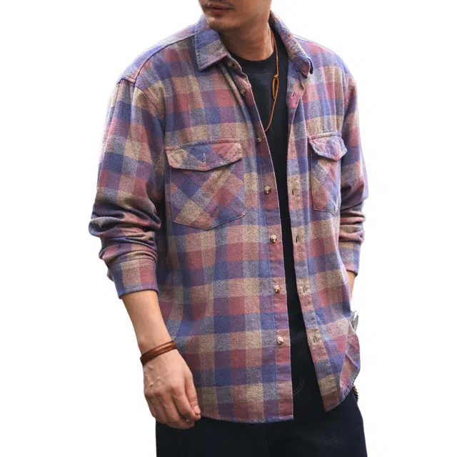 格蓝鹿 美式复古做旧格子休闲长袖衬衫 男女同款