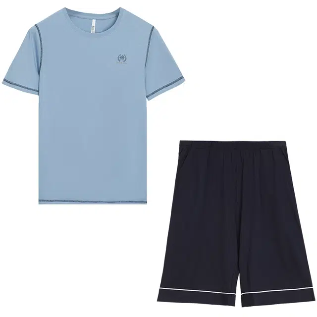 红豆 柔软舒适排汗圆领套头短袖五分裤可外穿睡衣套装 男款 薄雾蓝