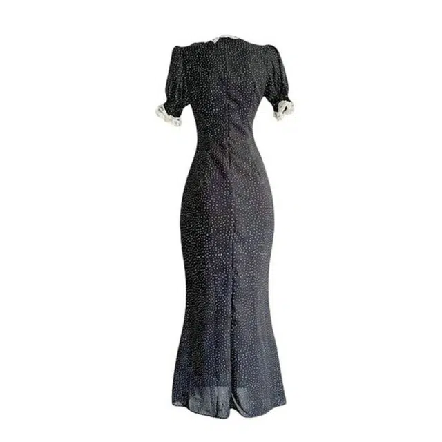 小菊川栗 韩系白塔玫瑰大波点花边别致穿搭舒适百搭短袖连衣裙 女款