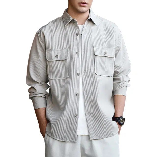 格蓝鹿 耐磨做旧工装城市机能风格高端日系肌理感条纹长袖衬衫 男女同款