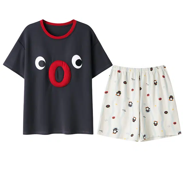 向薇 带胸垫纯棉短袖大码宽松可外穿家居服睡衣套装 女款 图片色