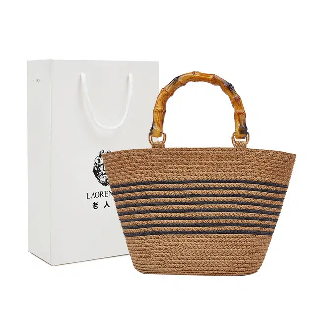 老人头 百搭小众简约度假游玩编织 织物 手提包 女款 米色/驼色