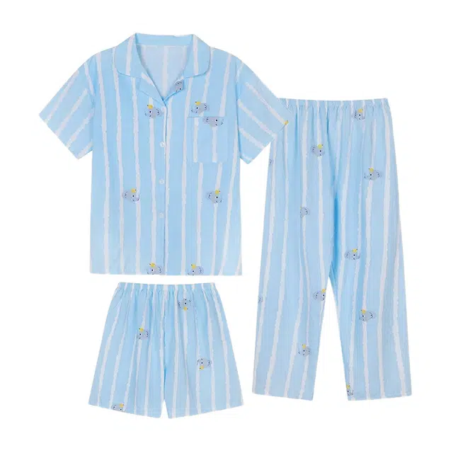 橡柠派 卡通小象条纹翻领上衣柔软透气裤子睡衣套装 女款 浅蓝色