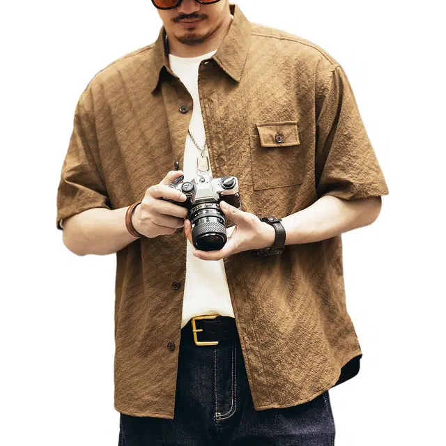 格蓝鹿 基础简约工装休闲短袖衬衫 男女同款 咖色
