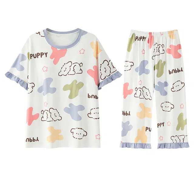 向薇 带胸垫可外穿纯棉短袖七分裤家居服睡衣套装 女款 图片色