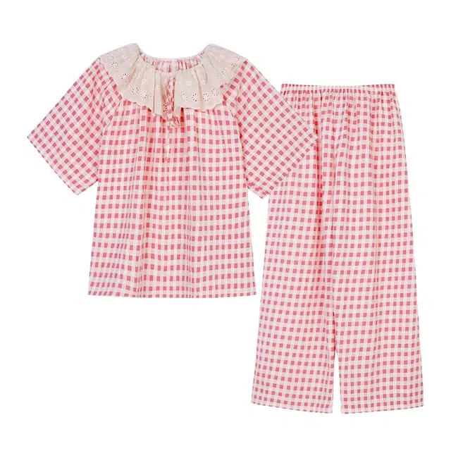 橡柠派 甜美亲肤舒适小清新短袖上衣家居服长裤睡衣套装 女款 淡粉色