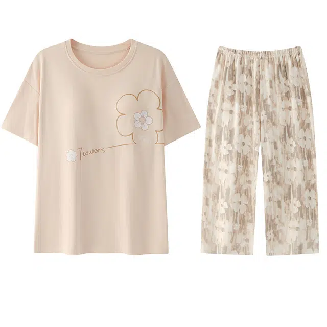 向薇 简约带胸垫可外穿短袖七分裤家居服睡衣套装 女款 图片色