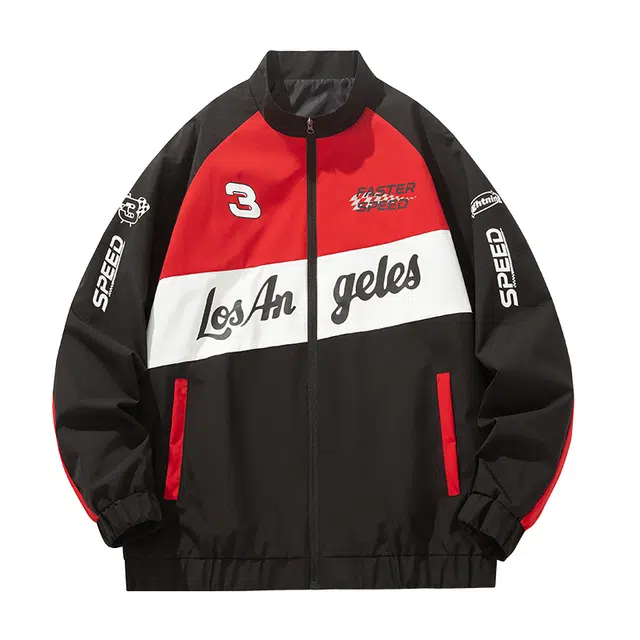 纳趣 美式机车风宽松休闲撞色字母印花赛车服夹克外套 男女同款