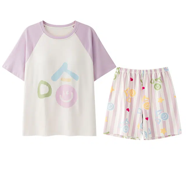 向薇 带胸垫可外穿休闲短袖上衣家居服三分裤睡衣套装 女款 图片色