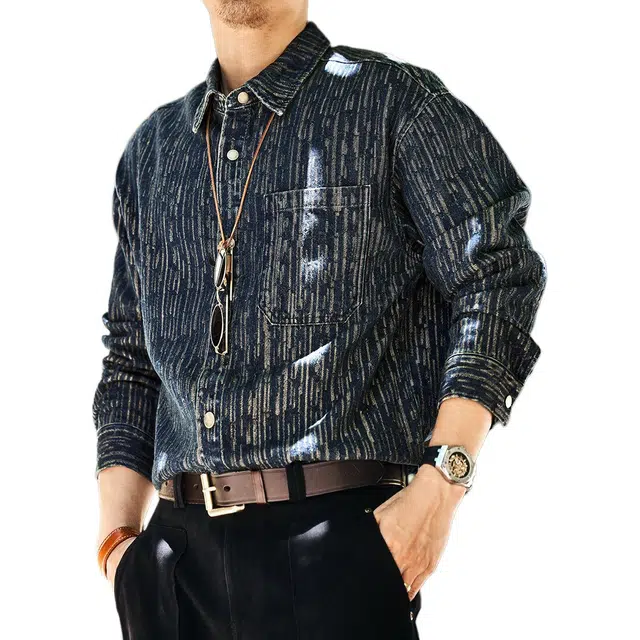 格蓝鹿 痞帅高街休闲衬衣外套美式英伦风复古重磅提花牛仔长袖衬衫 男女同款 蓝色