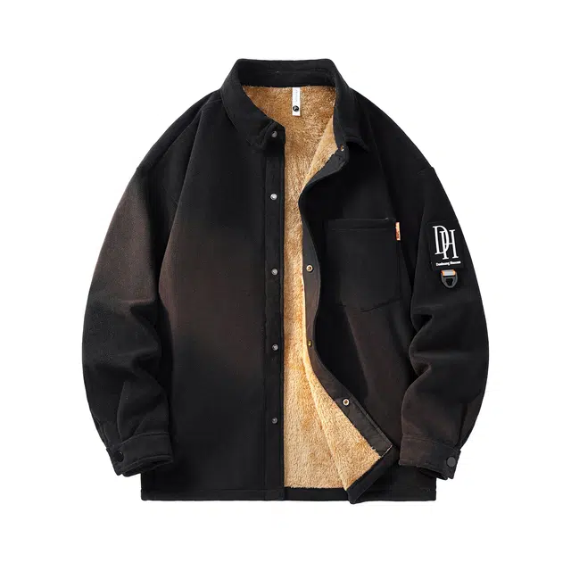 敦煌博物馆 美式复古宽松简约奥利绒纯色保暖加绒大码长袖翻领夹克外套 男女同款