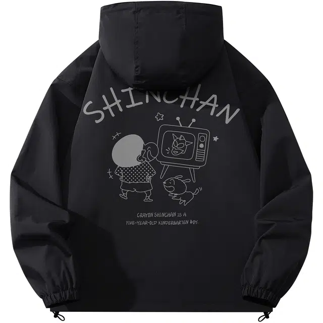 蜡笔小新 户外运动休闲卡通人物字母印花休闲宽松连帽夹克外套 男女同款