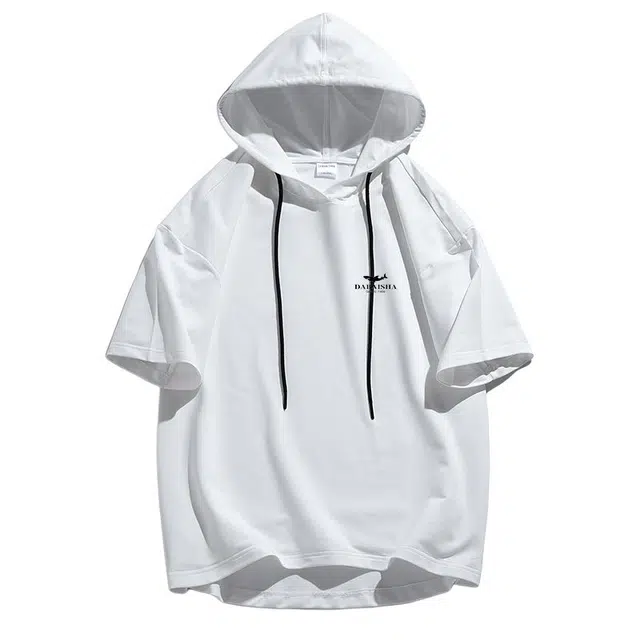 大白鲨 纯色连帽男日系宽松带帽简约短袖卫衣 男款