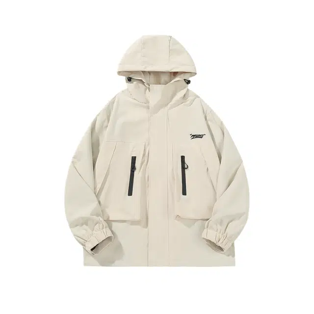 星际者 纯色字母印花口袋长袖连帽拉链宽松休闲夹克外套 男女同款 象牙白