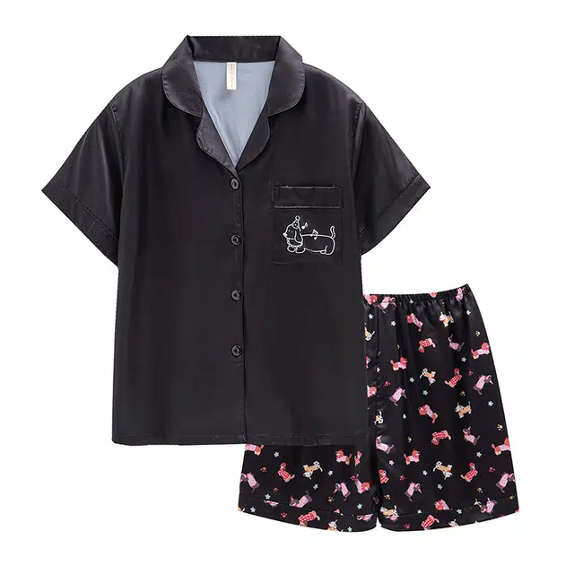 俏韵 翻领短袖甜美高级感薄款家居服可外穿睡衣套装 女款 黑色