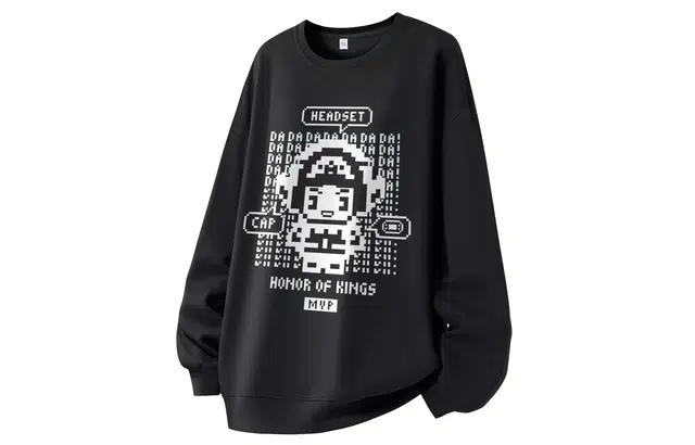 王者荣耀 鲁班七号电玩小子款 美式复古像素风鲁班趣味字母涂鸦落肩长袖休闲宽松套头多巴胺重磅圆领卫衣 男女同款