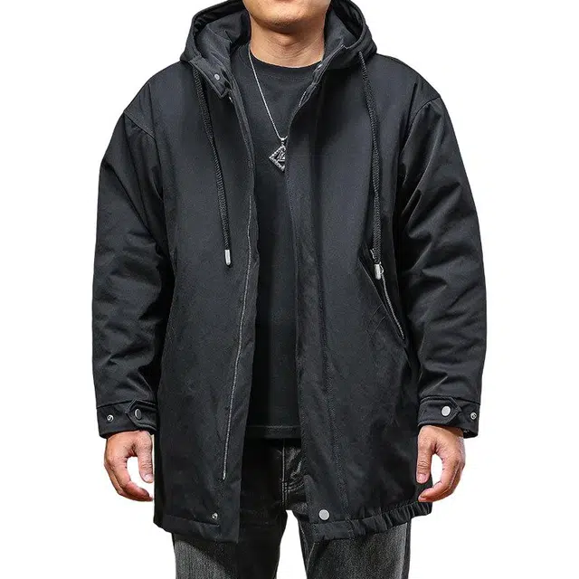 季言 高级感中长款连帽外套加厚保暖棉服 男款