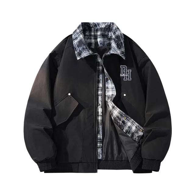 敦煌博物馆  美式复古简约拼接假两件格子字母刺绣大码宽松休闲百搭翻领拉链夹克外套 男女同款