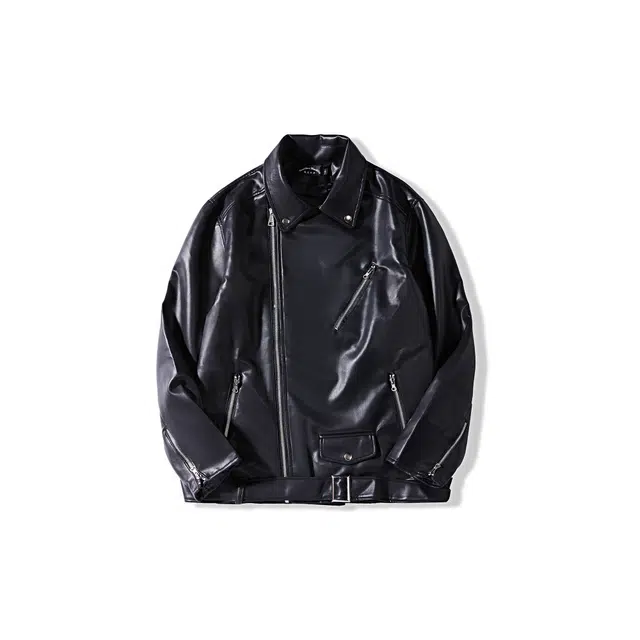 我是大卫 纯色基础款不规则翻领休闲宽松亮面夹克 男女同款 黑色