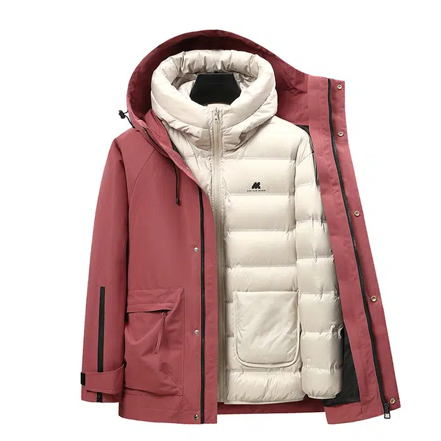 鸭鸭 可拆卸内胆三合一连帽纯色时尚简约保暖性强百搭多口袋设计户外机能羽绒服 男女同款