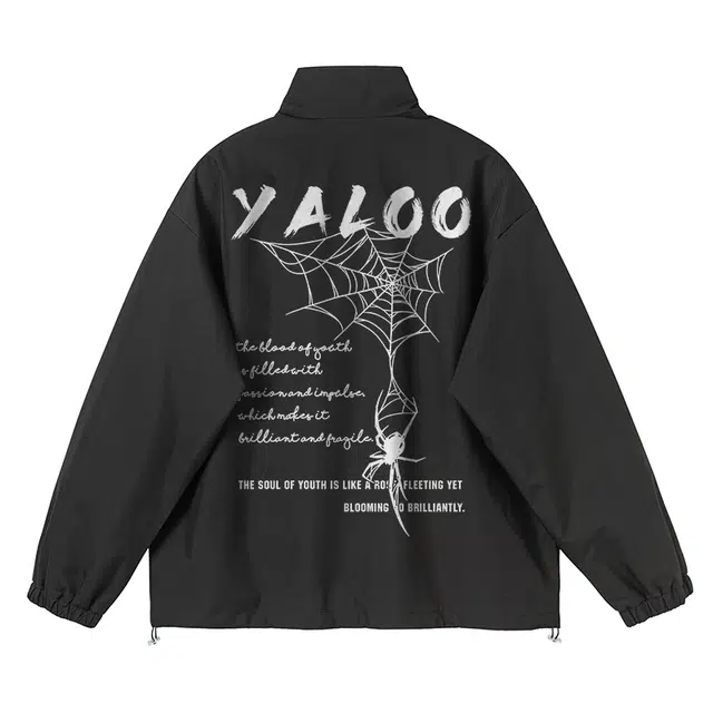 雅鹿 美式高街潮流简约纯色格子拼接撞色运动休闲户外背面蜘蛛英文字母印花宽松立领长袖夹克外套 男女同款