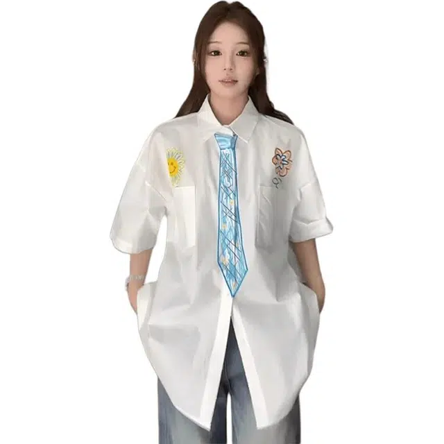 颂希尔 港风大码印花学院风美式复古百搭宽松痞帅短袖衬衫 男女同款 白色