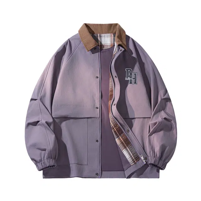 敦煌博物馆 复古巴恩风翻领撞色工装字母刺绣潮流舒适百搭大码防风大码宽松长袖夹克外套 男女同款