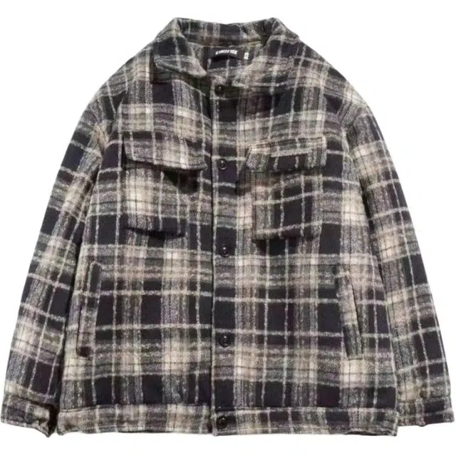 玉儿恋 美式格子条纹翻领落肩宽松单排扣长袖夹克外套 男款