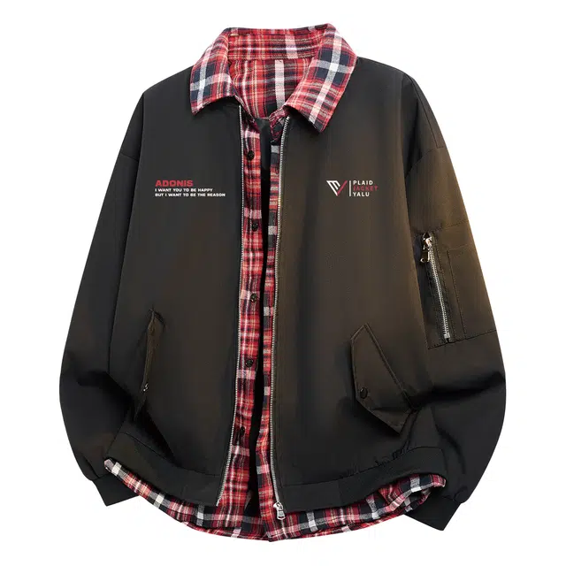 雅鹿 纯色美式高街复古字母印花简约拉链棒球格纹假两件防风保暖潮流宽松飞行重磅百搭工装夹克外套 男女同款
