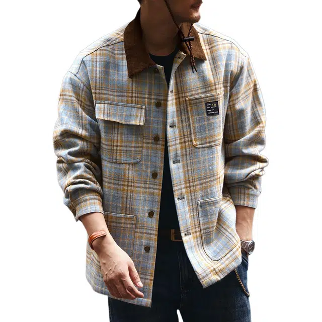 格蓝鹿 春季 美式休闲复古撞色格子做旧水洗时尚休闲长袖衬衫 男女同款