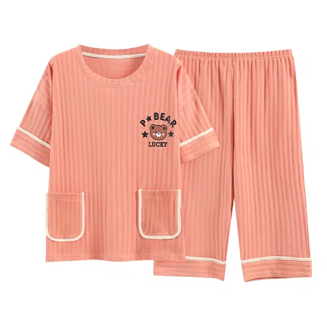 莫代尔 可外穿夏季宽松时尚显瘦甜美加大加宽简约透气休闲小清新免穿文胸防凸点一体式胖妹妹可穿的居家服睡衣套装 女款