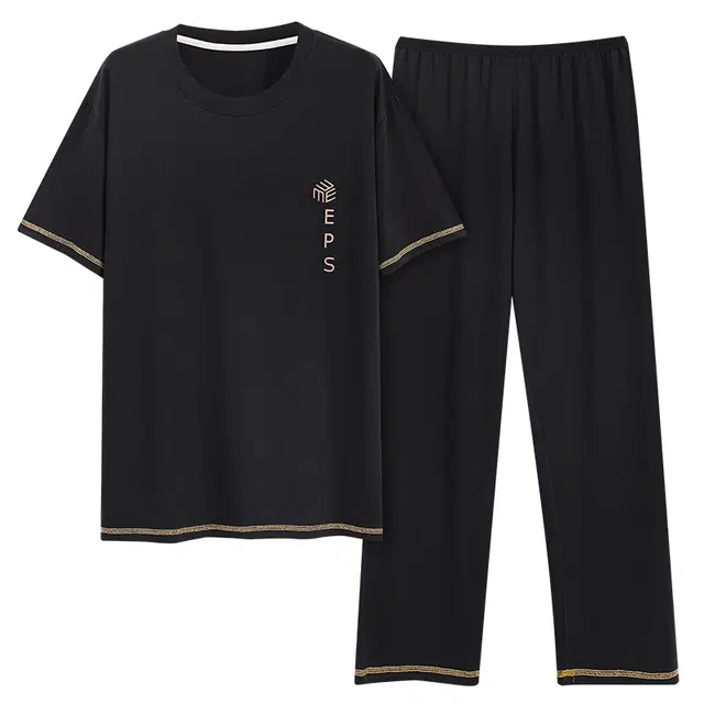 莫代尔 休闲舒适圆领短袖上衣可外穿家居服长裤睡衣套装 男款 黑色