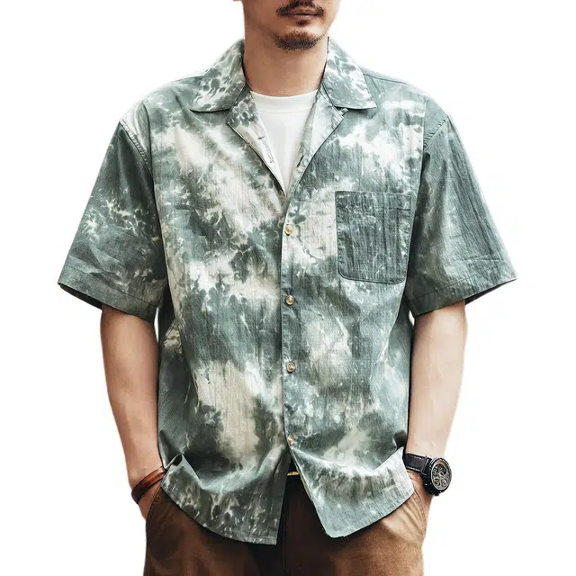 格蓝鹿 轻薄基础简约潮牌城市机能风格夏威夷高级感复古扎染冰丝短袖衬衫 男女同款