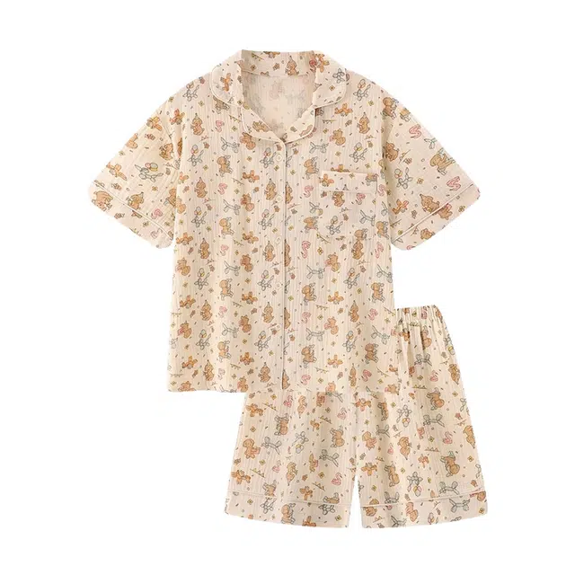 橡柠派 可爱小狗设计感甜美亲肤舒适慵懒风卡通小清新时尚家居服睡衣套装 女款 米黄色