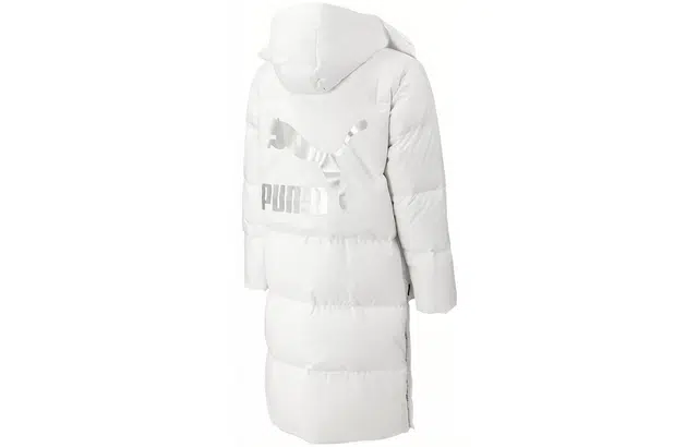 PUMA Logo Print Long Down Jacket White