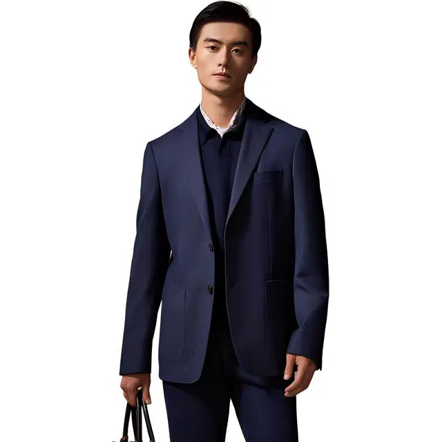 迪柯尼 纯色后中开衩单排扣长袖西装 男款 牛仔蓝