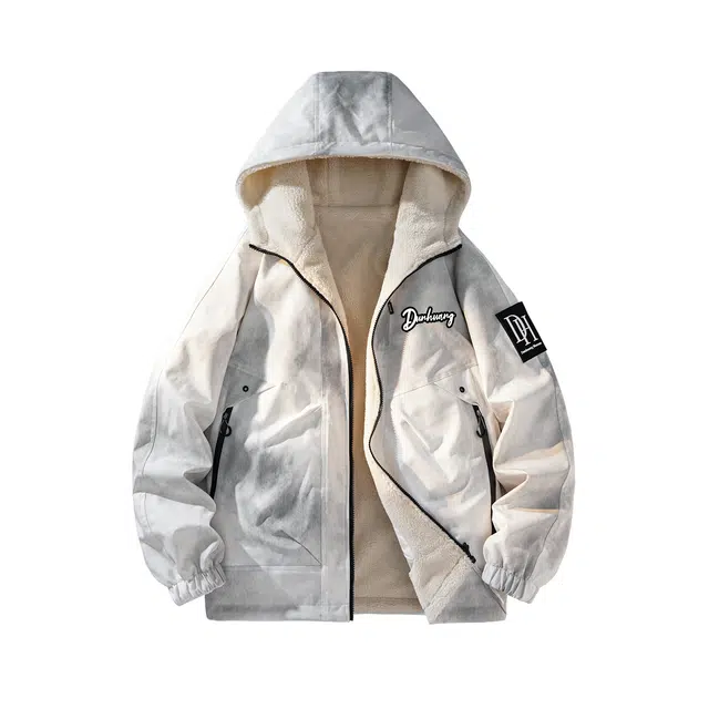 敦煌博物馆 双面穿美式复古硅胶字母印花连帽撞色侧边魔术贴大码保暖加绒加厚夹克外套 男女同款