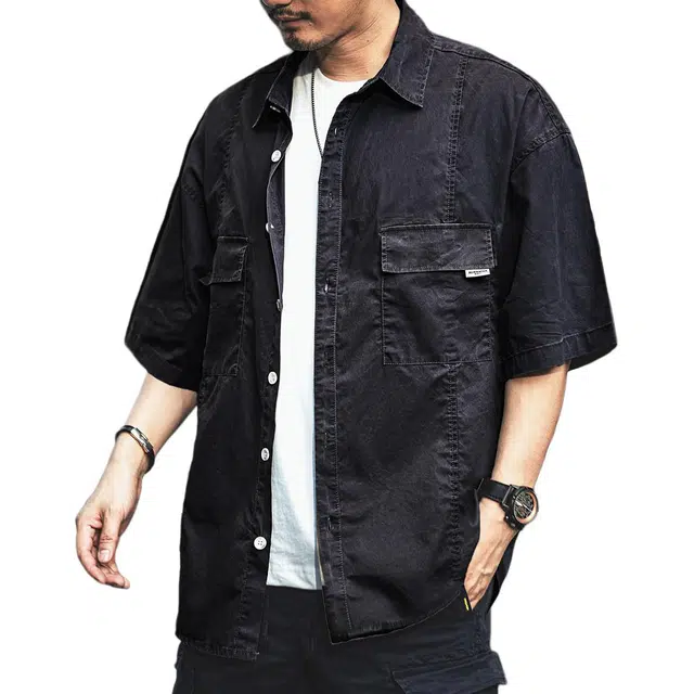 格蓝鹿 街头痞帅休闲复古运动松弛感大码纯棉衬衣经典设计美式基础工装极简风短袖衬衫 男女同款