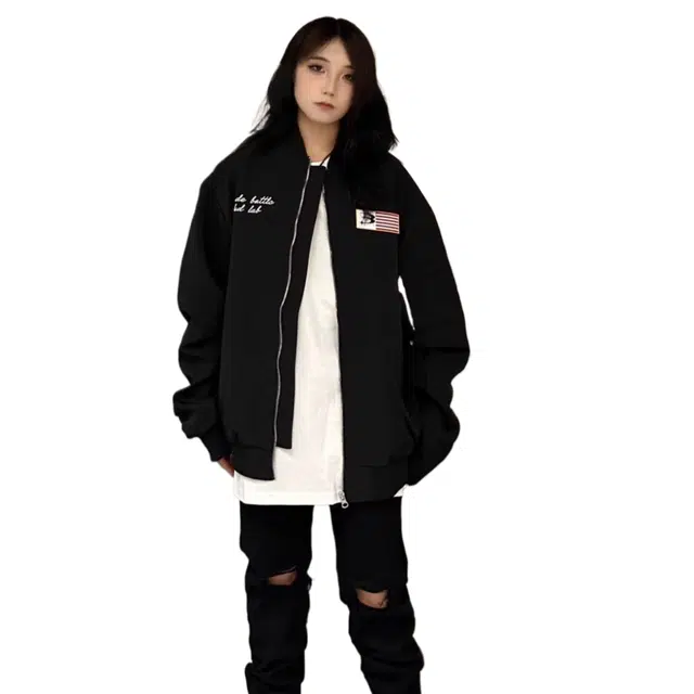 玉儿恋 美式休闲百搭字母印花连帽落肩宽松工装拉链夹克外套 男女同款