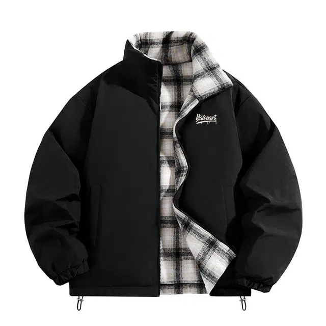 雅鹿 简约时尚舒适休闲小香风撞色格纹开衫拉链宽松立领落肩户外防风耐磨羽绒服 男女同款