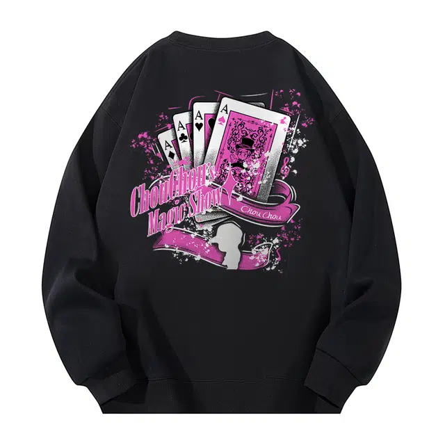 周同学 周杰伦 重磅厚实感加绒加厚美式个性基础款圆领套头无帽宽松复古潮流休闲百搭舒适纯色扑克牌印花设计内搭长袖保暖卫衣 男女同款