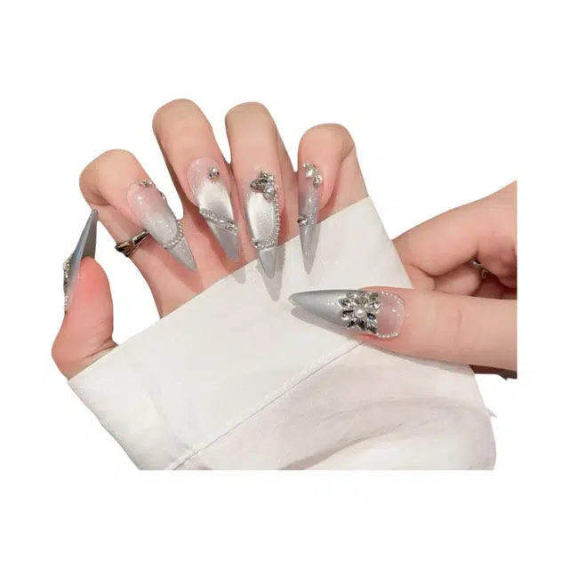 韵月乔 雾里探花银色猫眼清透显白流苏  穿戴甲 尖型蓝色渐变