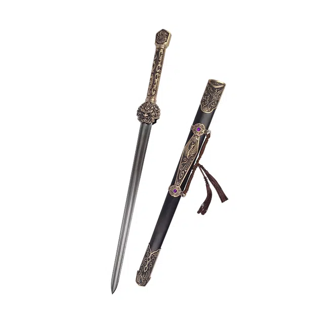 天子剑 神凰剑 黑檀木鞘黄铜装嵌宝石龙泉百炼花纹钢刀剑收藏未开刃 成品模型