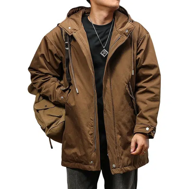 季言 高级感中长款连帽外套加厚保暖棉服 男款