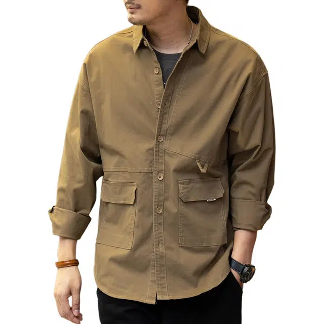 格蓝鹿 夏季 纯色纯棉休闲耐磨做旧痞帅机能工装经典美式复古日常上班通勤翻领长袖衬衫 宽松型 男女同款