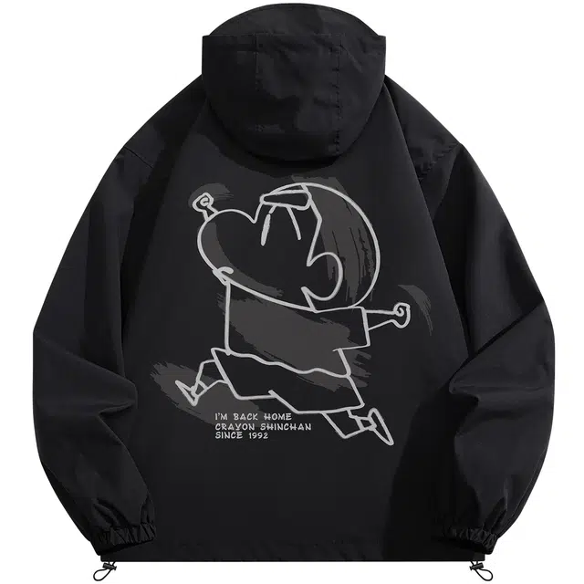 蜡笔小新 卡通小新线稿手绘字母印花休闲宽松连帽夹克外套 男女同款