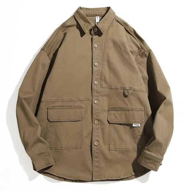 格蓝鹿 夏季 纯色纯棉休闲耐磨做旧痞帅机能工装经典美式复古日常上班通勤翻领长袖衬衫 宽松型 男女同款