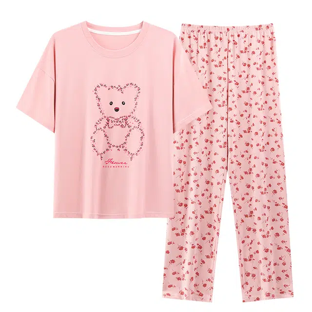 莫代尔 大码亲肤休闲简约柔软舒适透气短袖上衣家居服长裤睡衣套装 女款 粉红色