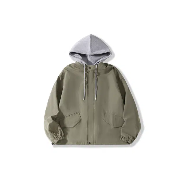 我是大卫 撞色拼接连帽假两件宽松多口袋拉链外套夹克 男女同款