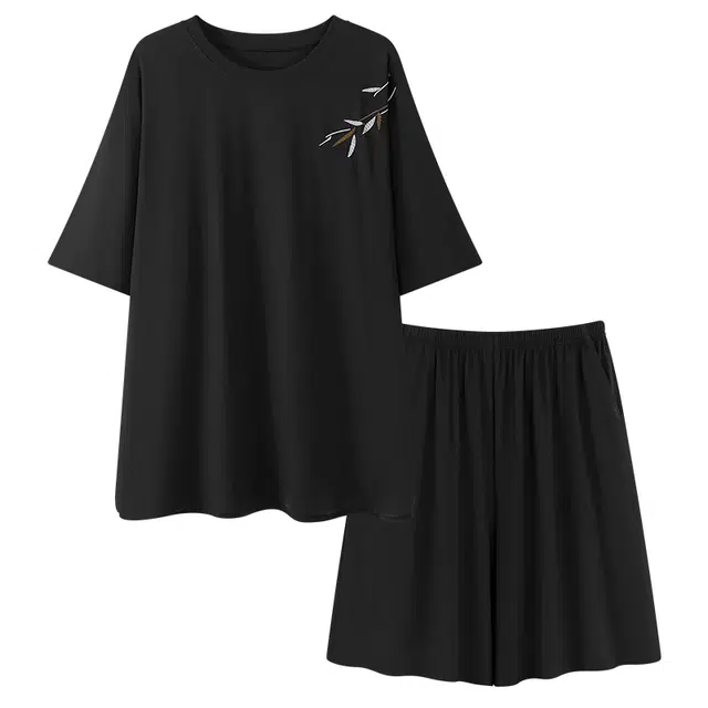 乐姿韵 简约卡通柔软亲肤舒适短袖五分裤睡衣套装 男款 黑色